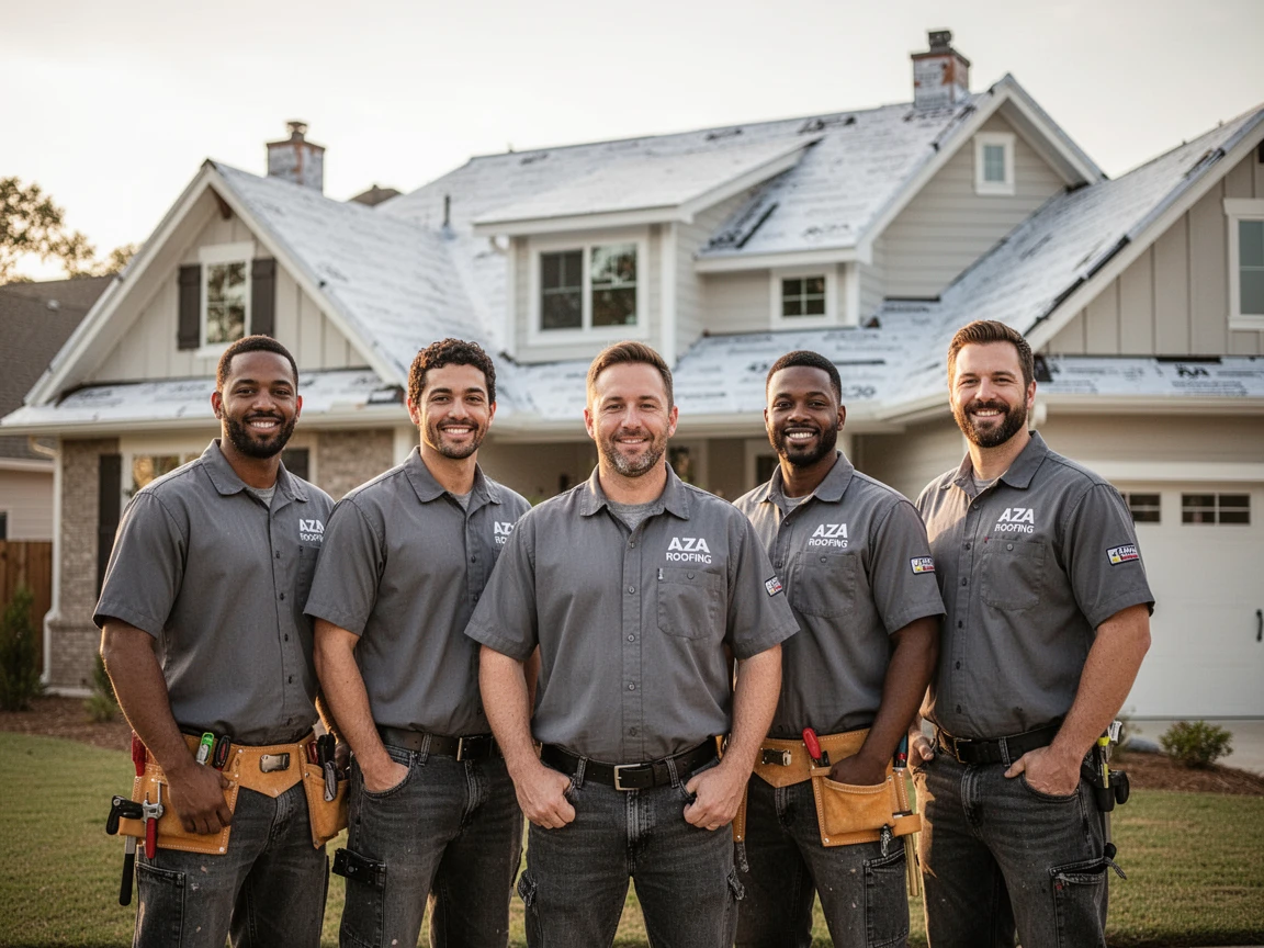 The AZA Roofing team working on a house